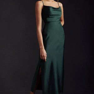 BHLDN - Cali Satin Cowl-Neck Midi Slip Dress (Dark Emerald)